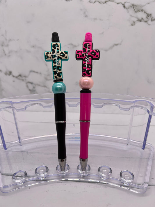 Leopard Faith Cross - Beaded Ballpoint Pen