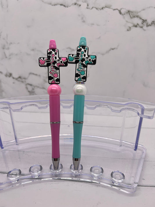 Cow Print Faith Cross - Beaded Ballpoint Pen